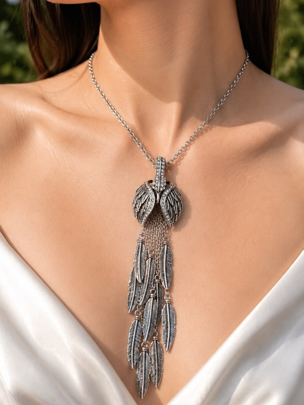 Vintage Silver Feather Tassel Pendant Necklace - Women Jewelry